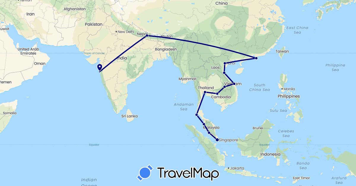 TravelMap itinerary: driving in China, India, Cambodia, Laos, Malaysia, Nepal, Singapore, Thailand, Vietnam (Asia)